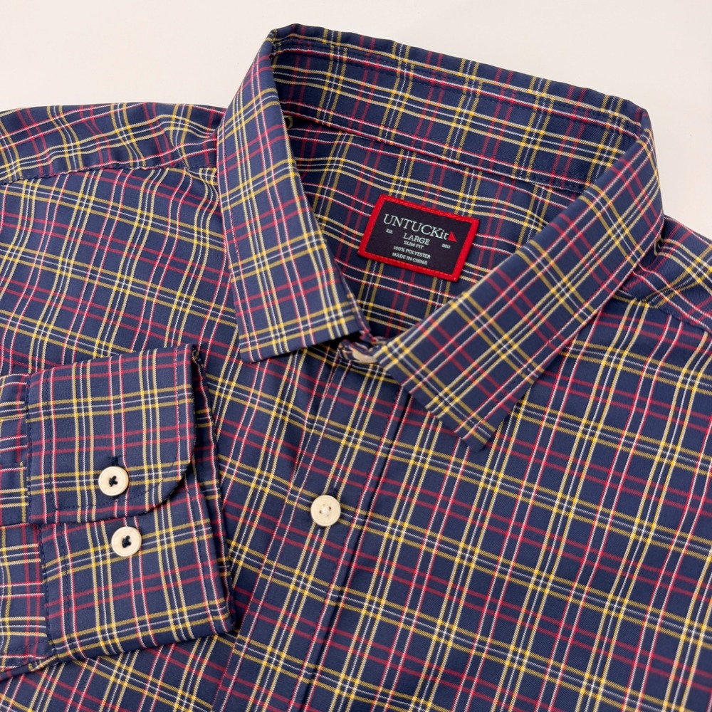 UNTUCKit Talty Shirt Mens Large Navy Blue Plaid Slim Fit Button Down 41175